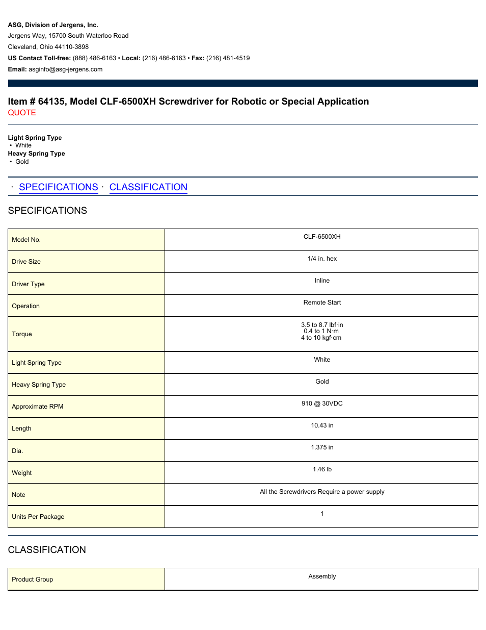 ASG Jergens 64135 CLF-6500XH User Manual | 2 pages