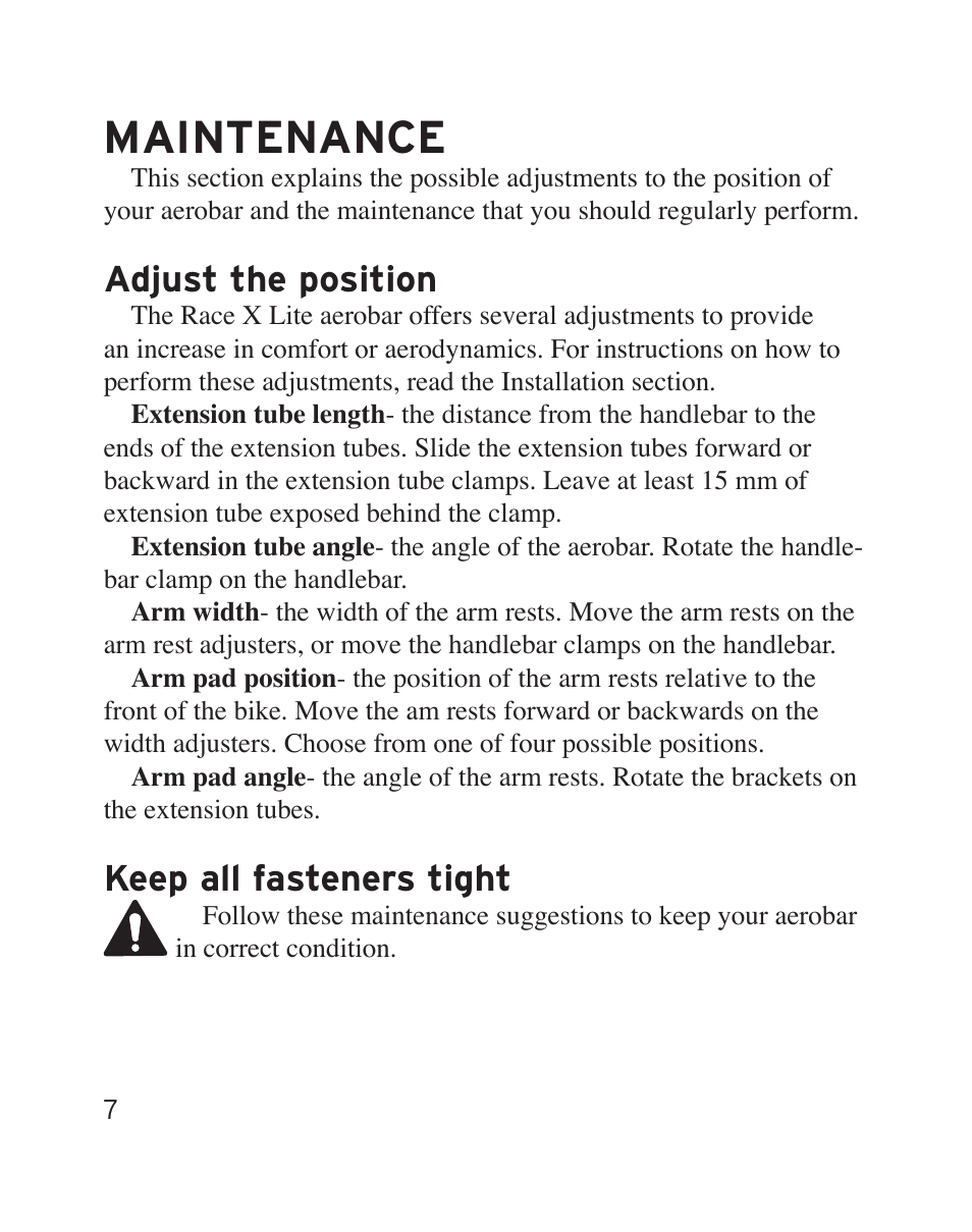 Maintenance, Adjust the position, Keep all fasteners tight | Bontrager Aerobar Race X Lite User Manual | Page 10 / 66