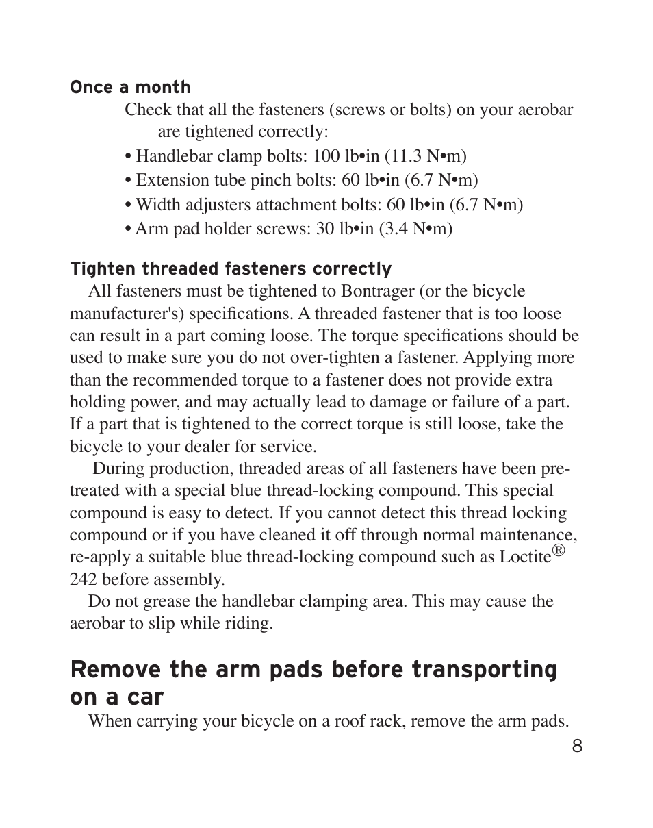 Remove the arm pads before transporting on a car | Bontrager Aerobar Race X Lite User Manual | Page 11 / 66