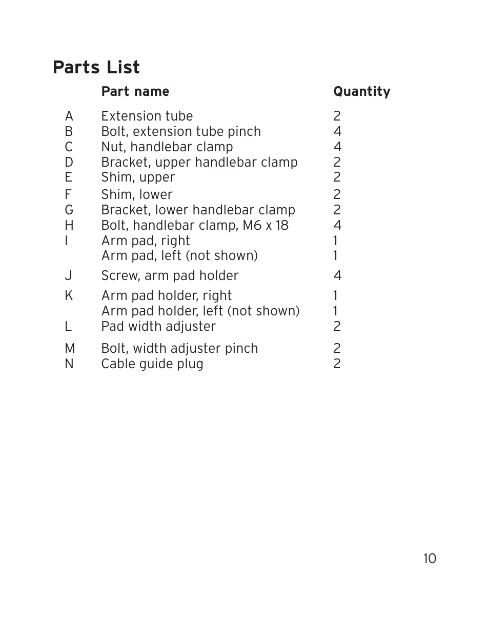 Parts list | Bontrager Aerobar Race X Lite User Manual | Page 13 / 66