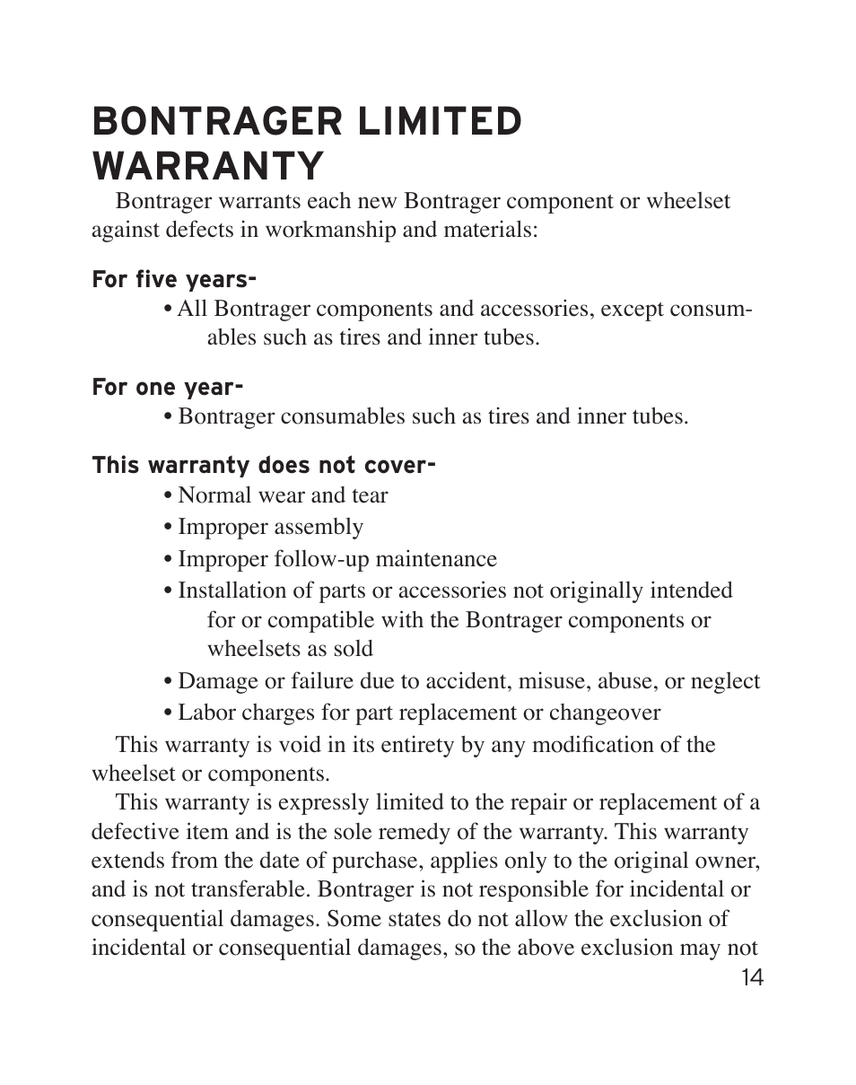 Bontrager limited warranty | Bontrager Aerobar Race X Lite User Manual | Page 17 / 66