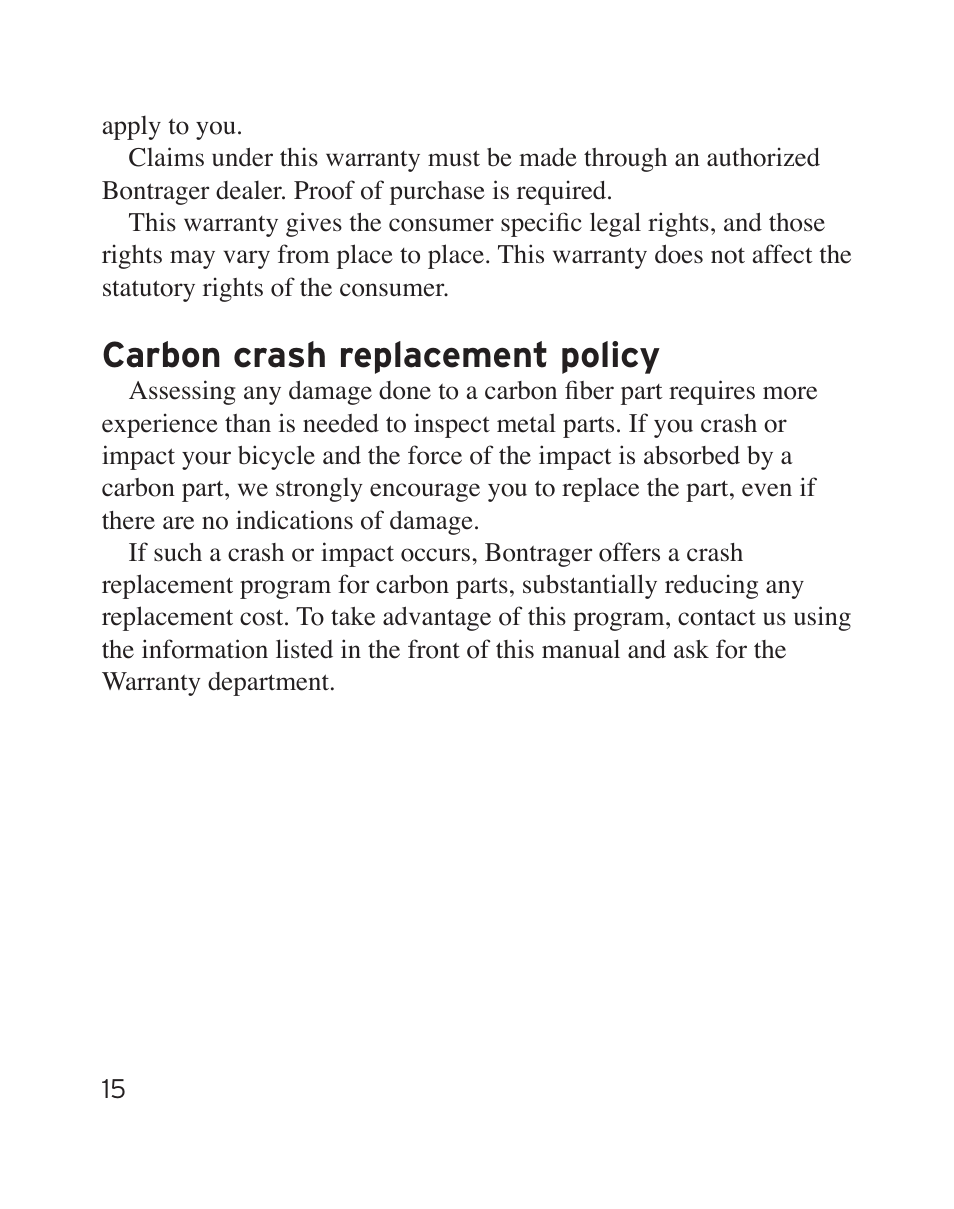 Carbon crash replacement policy | Bontrager Aerobar Race X Lite User Manual | Page 18 / 66