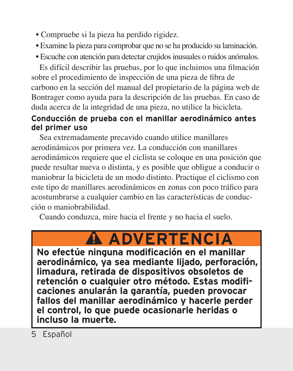 Advertencia | Bontrager Aerobar Race X Lite User Manual | Page 24 / 66