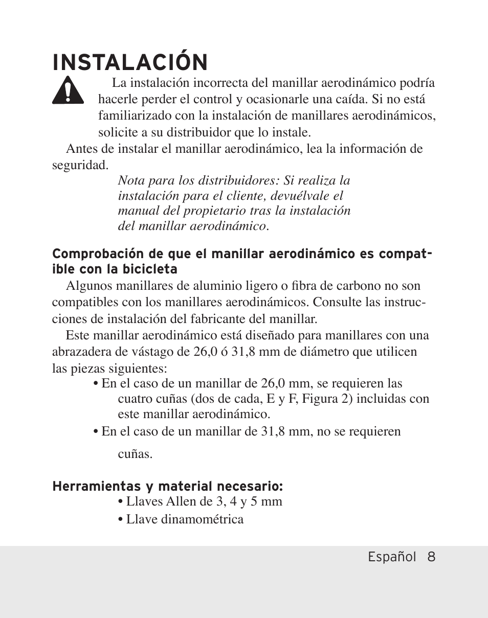 Instalación | Bontrager Aerobar Race X Lite User Manual | Page 27 / 66