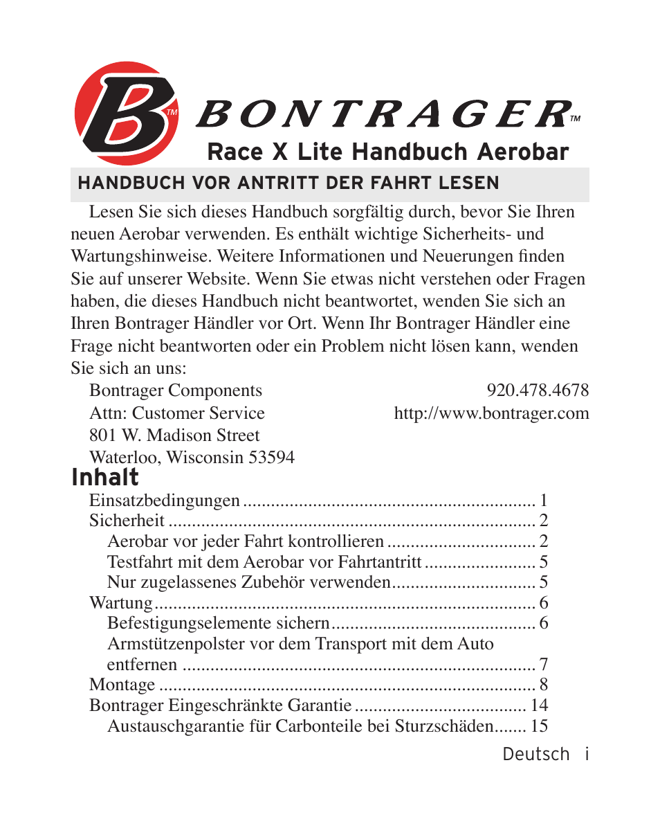 Race x lite handbuch aerobar, Inhalt | Bontrager Aerobar Race X Lite User Manual | Page 35 / 66