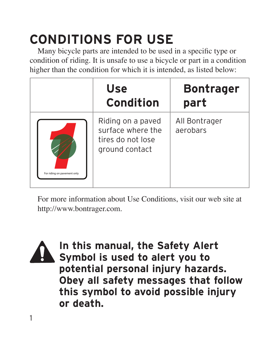 Conditions for use, Use condition bontrager part | Bontrager Aerobar Race X Lite User Manual | Page 4 / 66