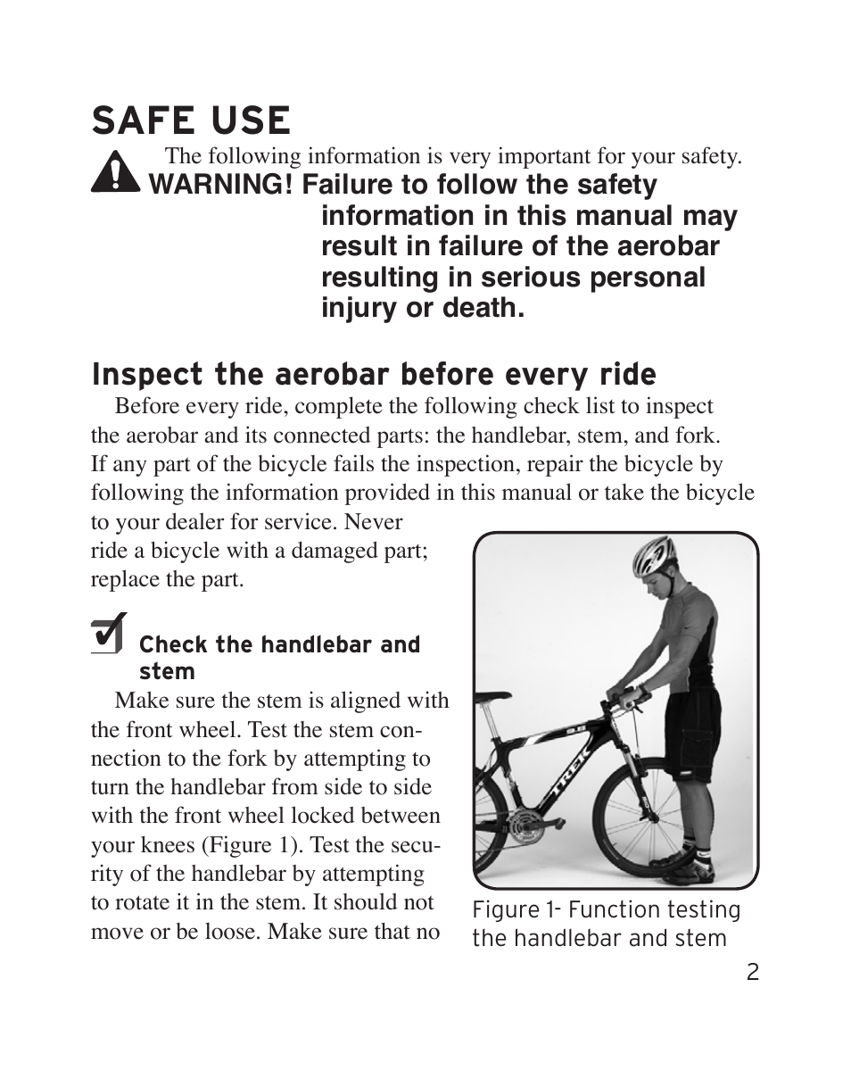 Safe use, Inspect the aerobar before every ride | Bontrager Aerobar Race X Lite User Manual | Page 5 / 66