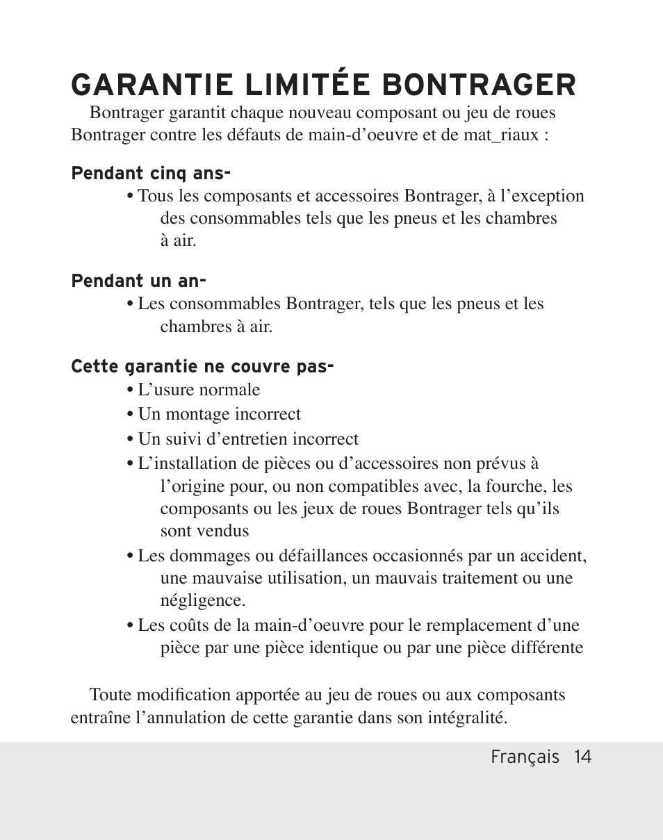 Garantie limitée bontrager | Bontrager Aerobar Race X Lite User Manual | Page 65 / 66