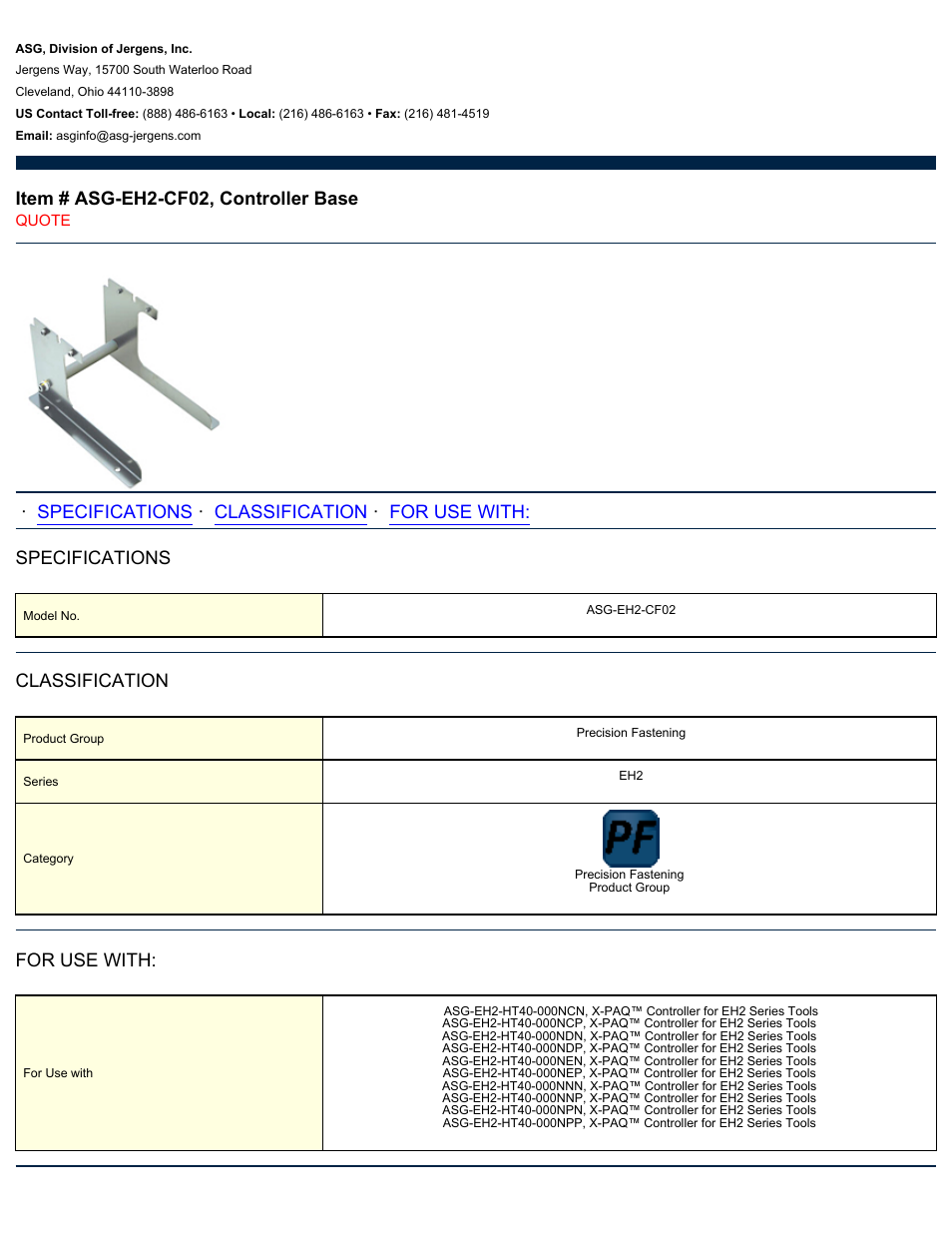 ASG Jergens ASG-EH2-CF02 Controller Base User Manual | 1 page