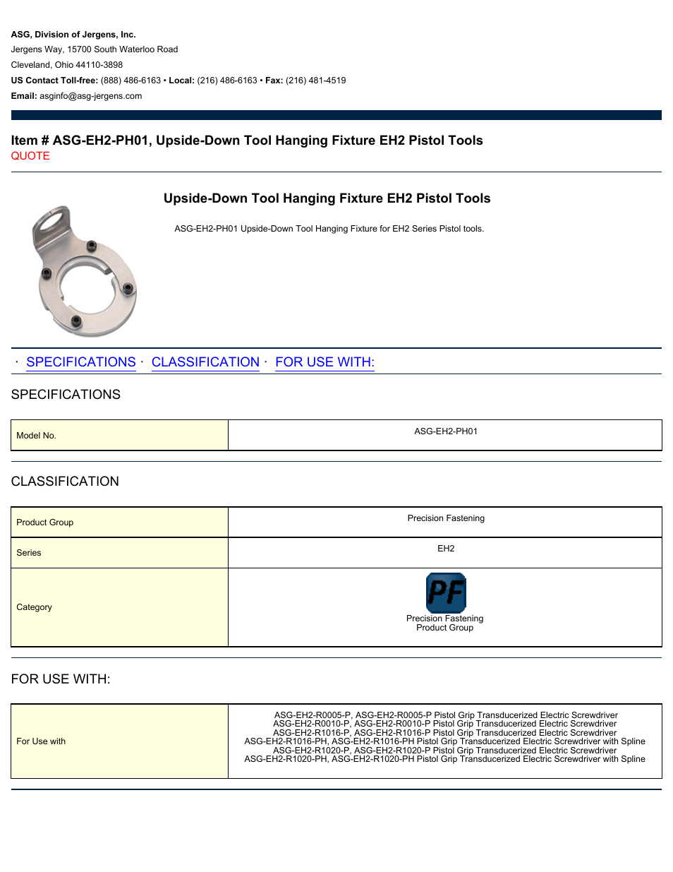 ASG Jergens ASG-EH2-PH01 Upside-Down Tool Hanging Fixture User Manual | 1 page