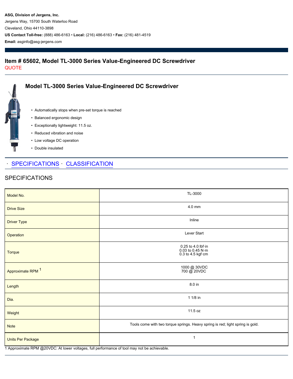 ASG Jergens 65602 TL-3000 User Manual | 2 pages