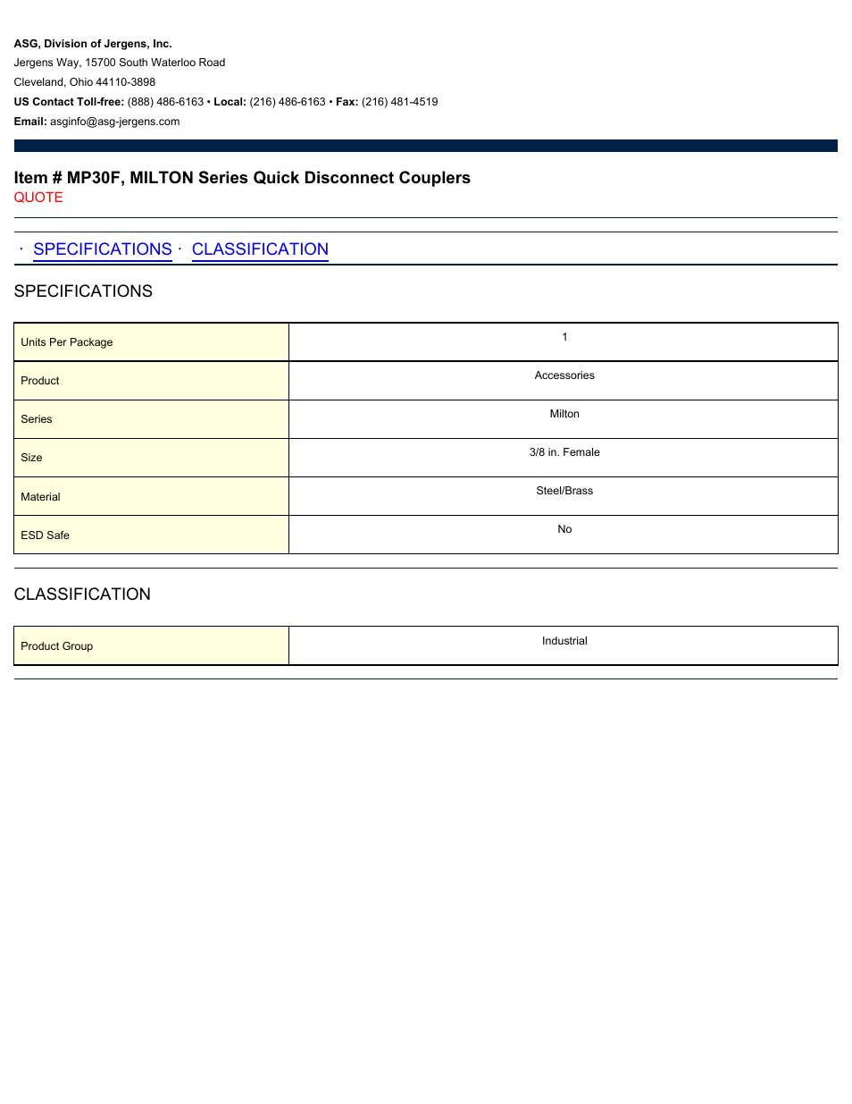 ASG Jergens MP30F MILTON Series Quick Disconnect Couplers User Manual | 1 page