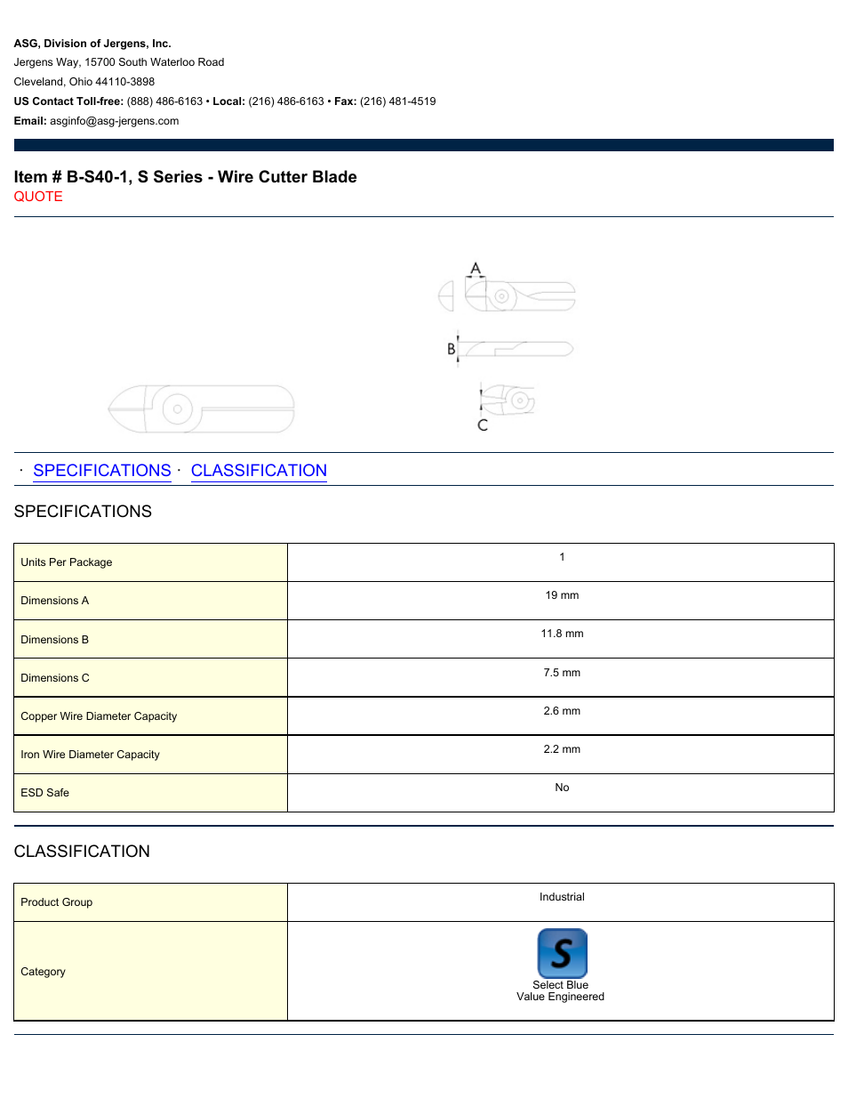 ASG Jergens B-S40-1 S Series - Wire Cutter Blade User Manual | 1 page