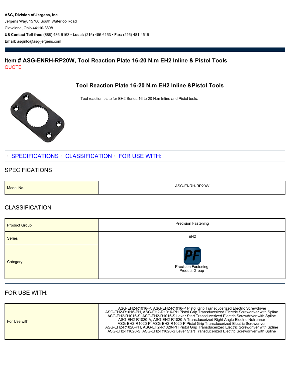 ASG Jergens ASG-ENRH-RP20W Tool Reaction Plate User Manual | 1 page