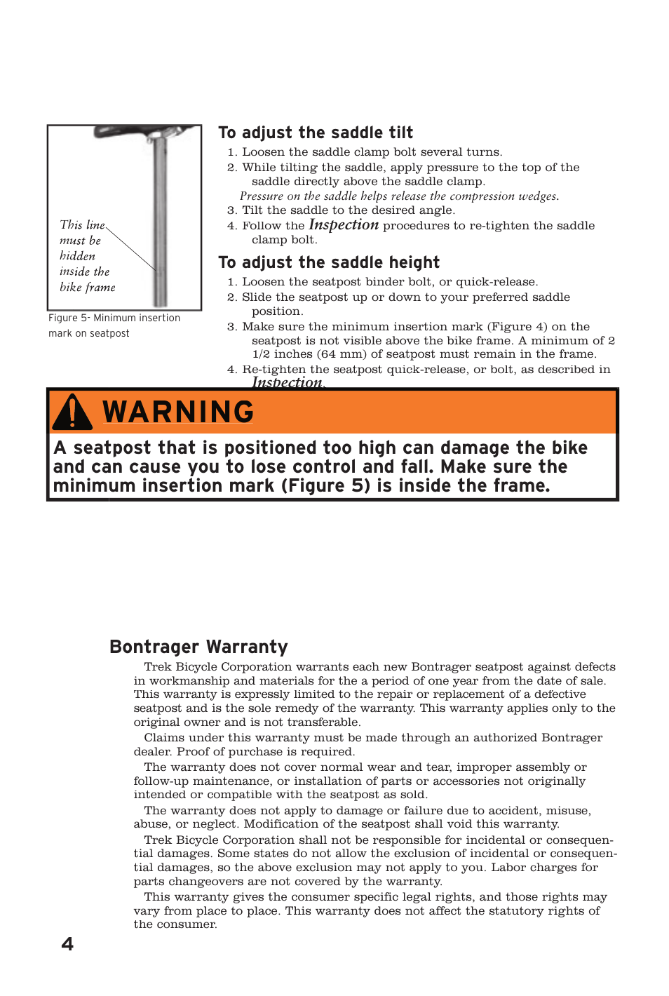 Warning, 4bontrager warranty | Bontrager 243705 User Manual | Page 4 / 4