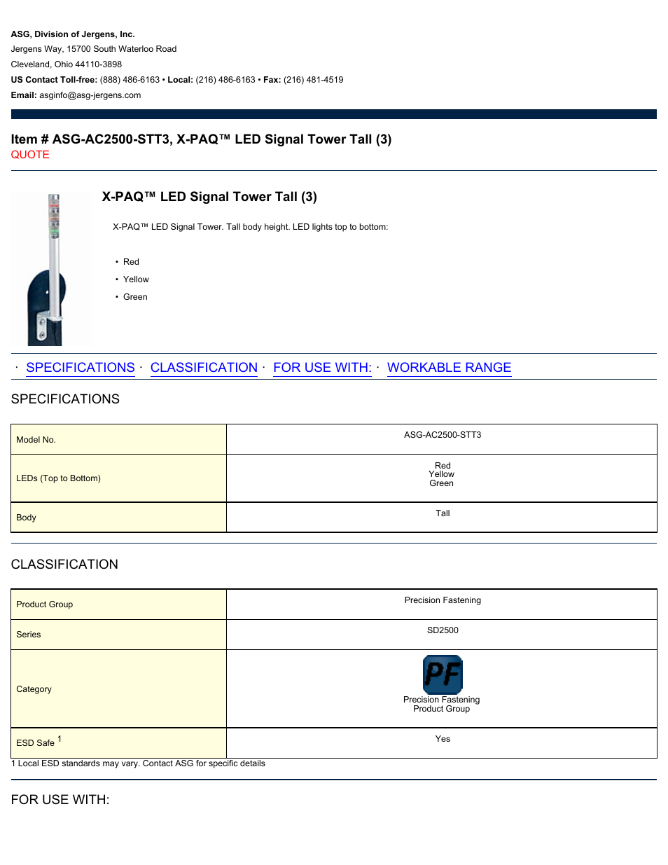 ASG Jergens ASG-AC2500-STT3 LED Signal Tower Tall User Manual | 2 pages