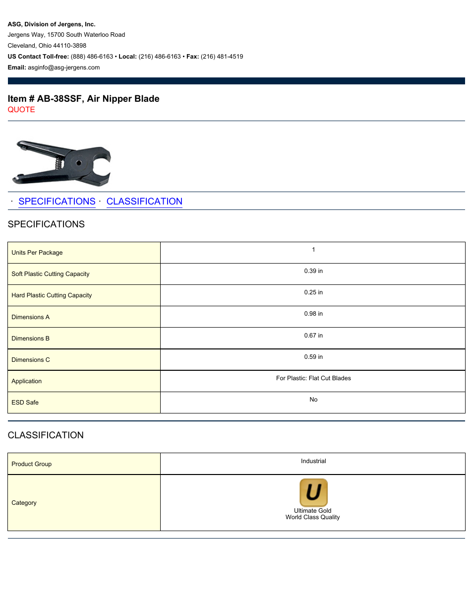 ASG Jergens AB-38SSF Air Nipper Blade User Manual | 1 page