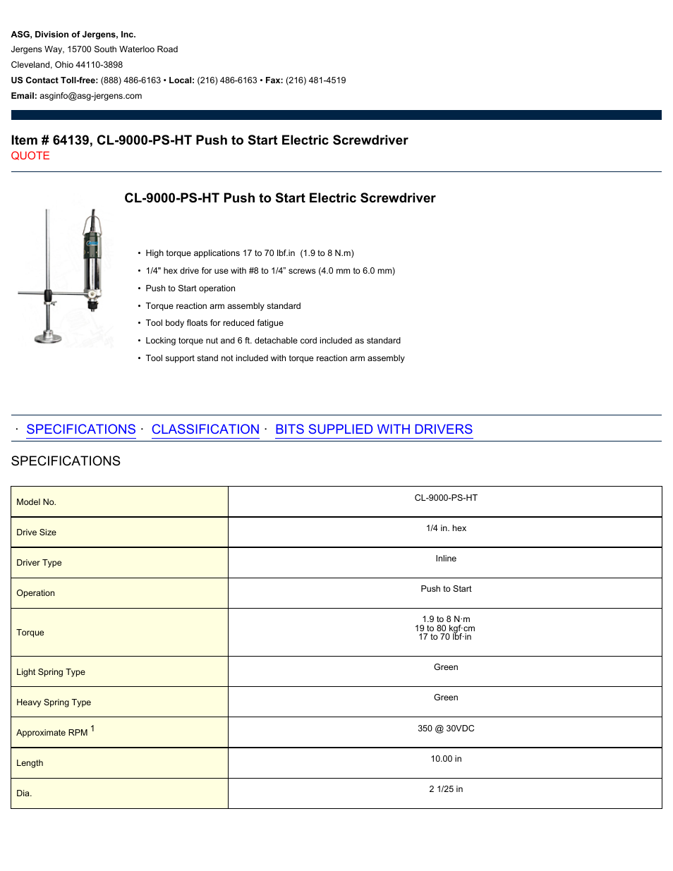 ASG Jergens 64139 CL-9000-PS-HT User Manual | 2 pages