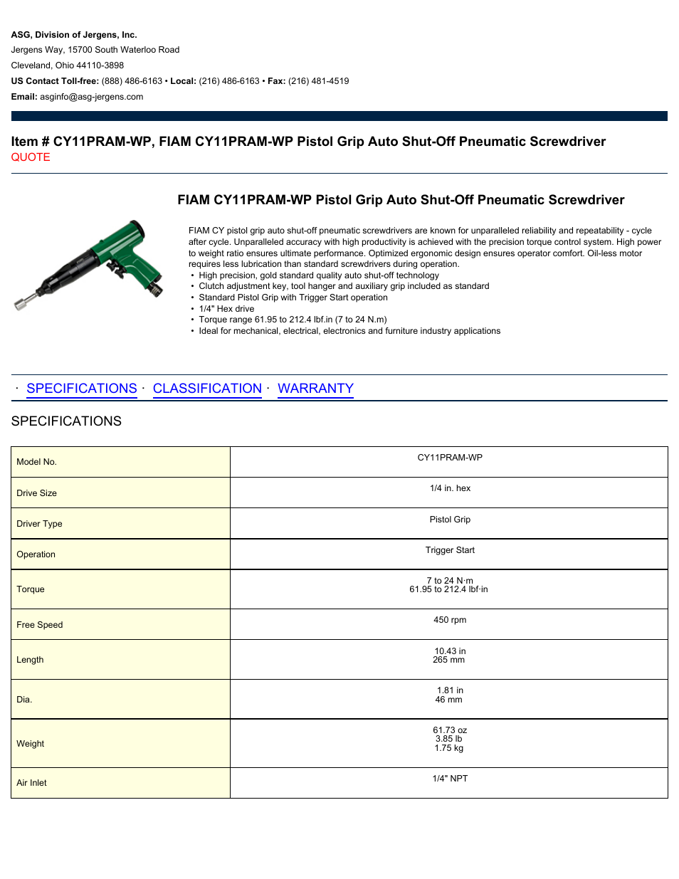 ASG Jergens CY11PRAM-WP User Manual | 2 pages