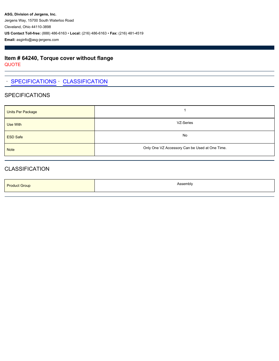 ASG Jergens 64240 Torque cover without flange User Manual | 1 page