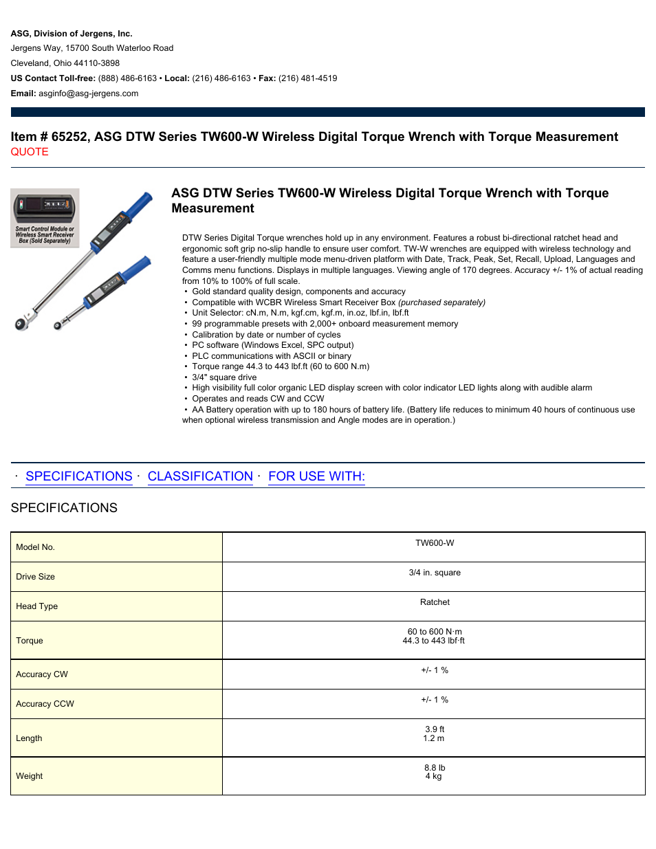 ASG Jergens 65252 TW600-W User Manual | 2 pages