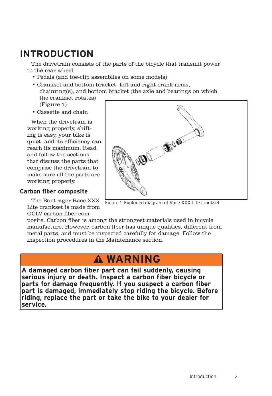 Warning, Introduction | Bontrager Race XXX Lite Road Crankset 283415 User Manual | Page 5 / 13