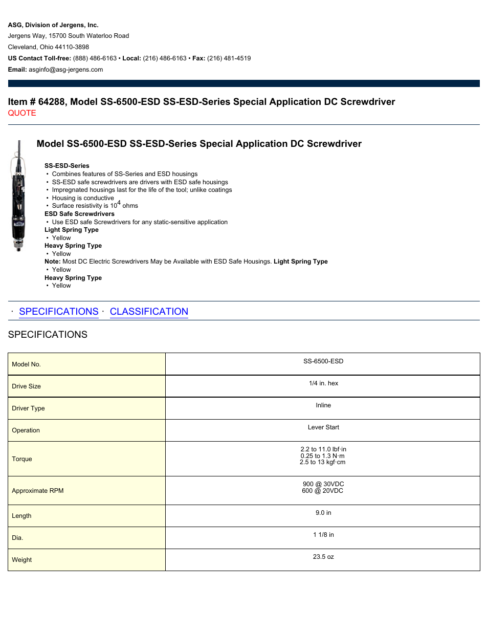 ASG Jergens 64288 SS-6500-ESD User Manual | 2 pages