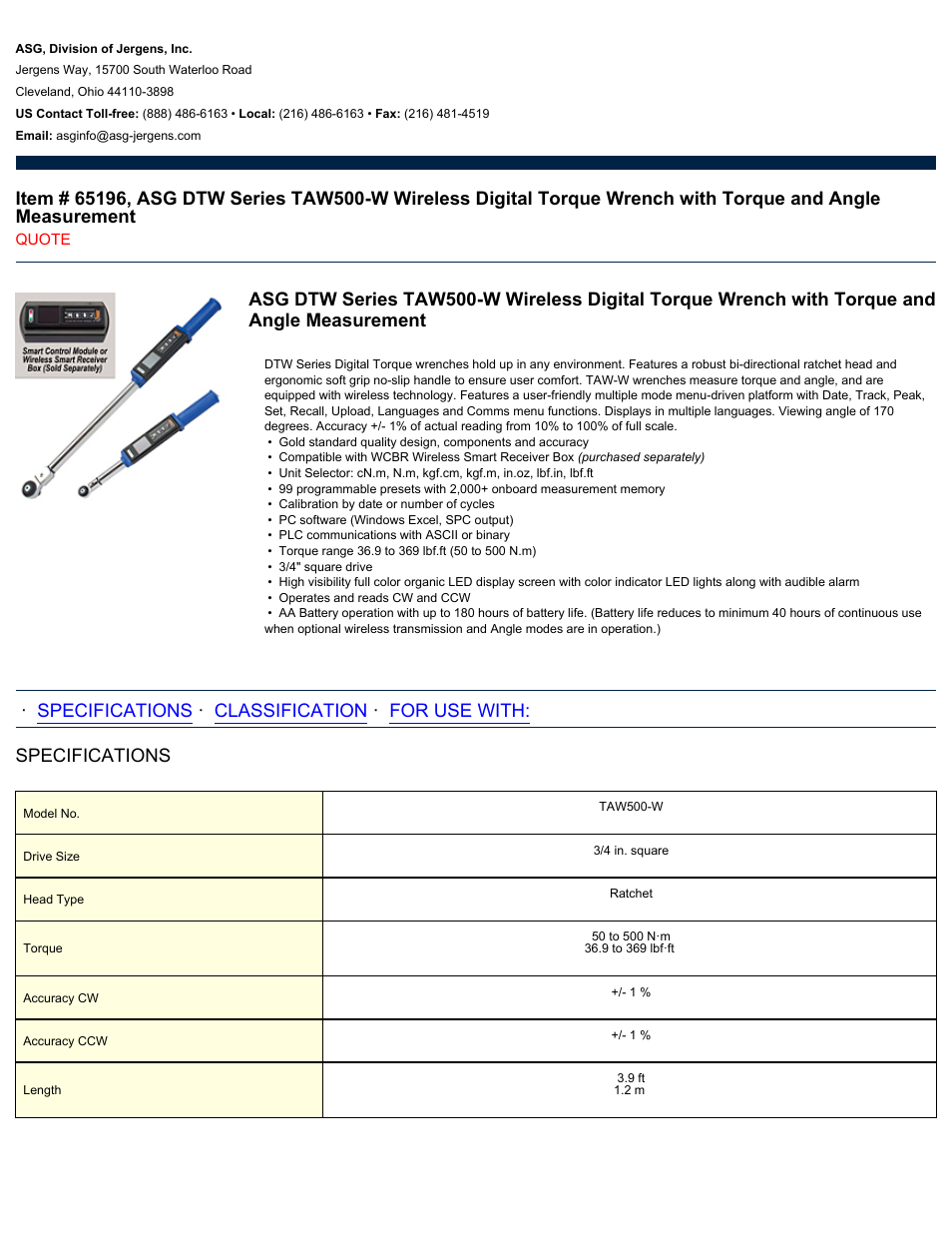 ASG Jergens 65196 TAW500-W User Manual | 2 pages