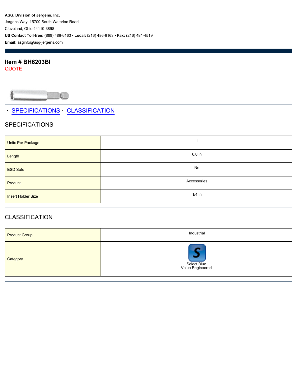 ASG Jergens BH6203BI Bit Holder User Manual | 1 page