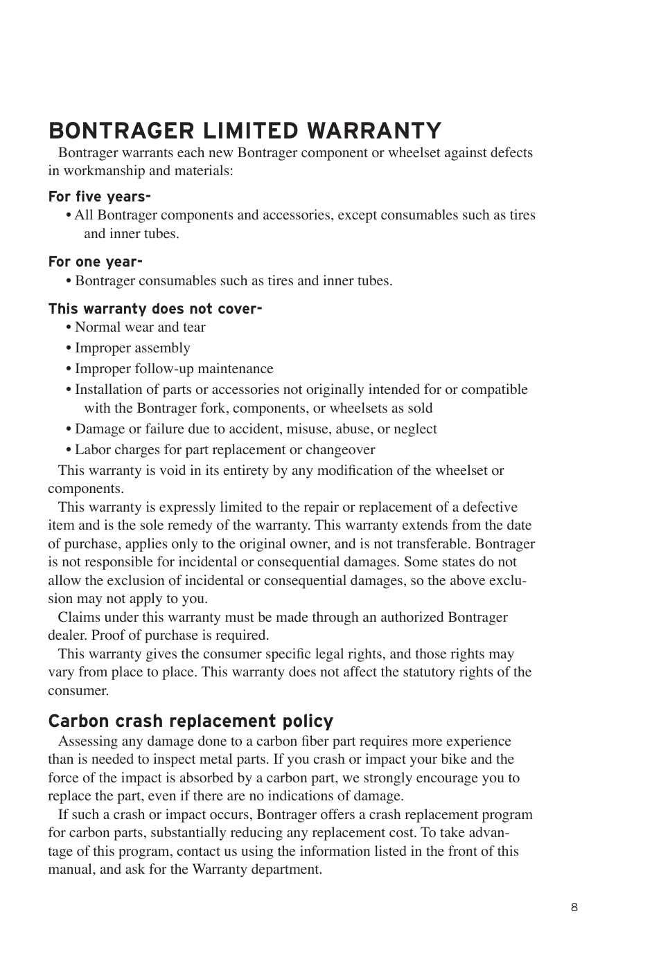 Bontrager limited warranty, Carbon crash replacement policy | Bontrager Road Brakeset Speed LimitTM User Manual | Page 11 / 41