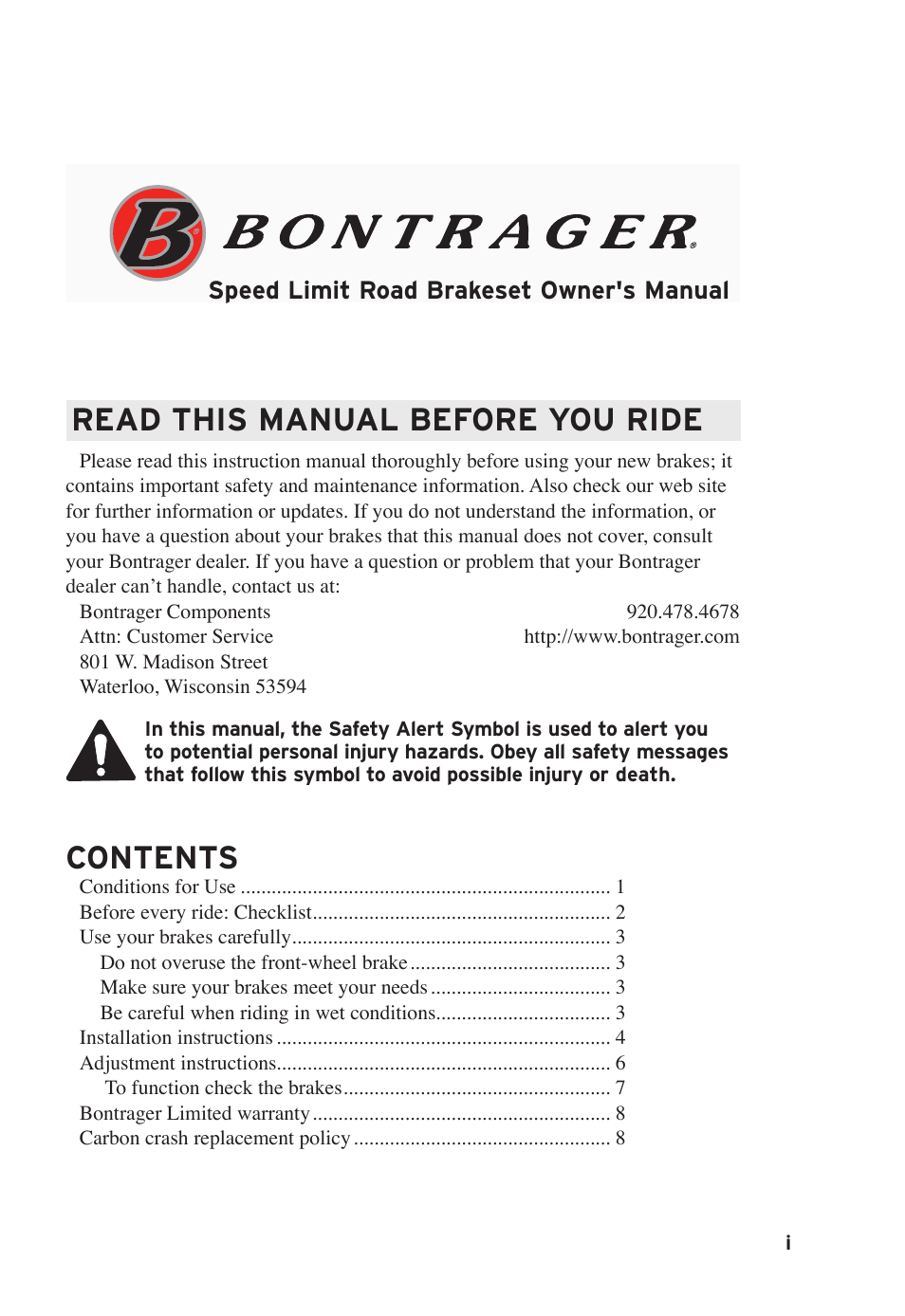 Read this manual before you ride contents, Speed limit road brakeset owner's manual | Bontrager Road Brakeset Speed LimitTM User Manual | Page 3 / 41