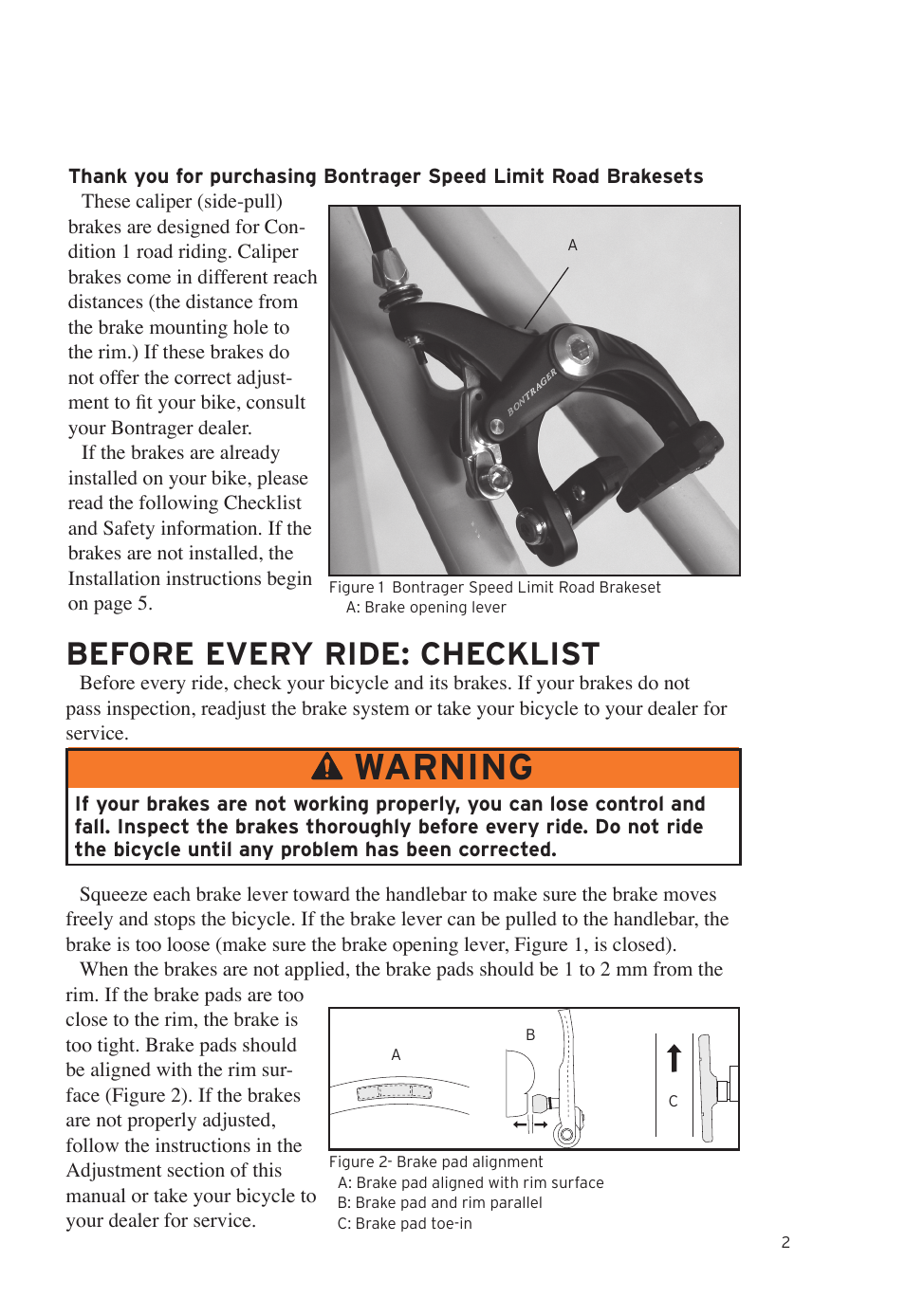 Warning, Before every ride: checklist | Bontrager Road Brakeset Speed LimitTM User Manual | Page 5 / 41