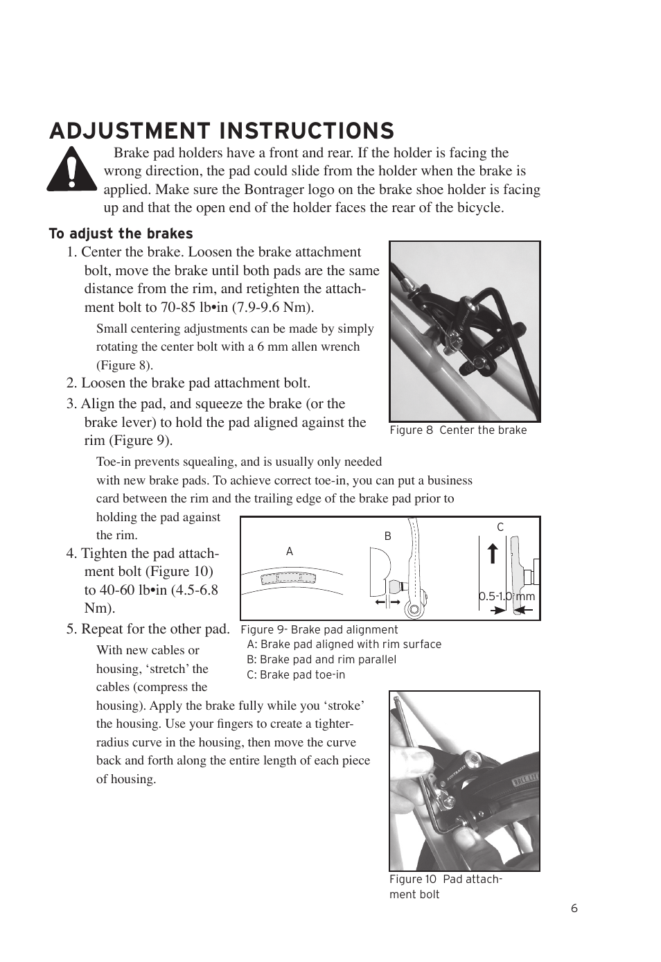 Adjustment instructions | Bontrager Road Brakeset Speed LimitTM User Manual | Page 9 / 41