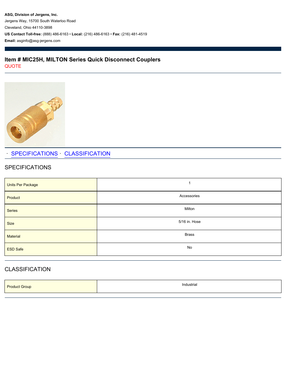 ASG Jergens MIC25H MILTON Series Quick Disconnect Couplers User Manual | 1 page
