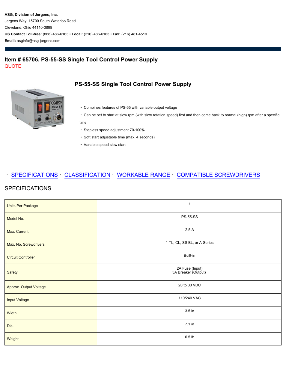 ASG Jergens 65706 PS-55-SS Single Tool Control Power Supply User Manual | 3 pages