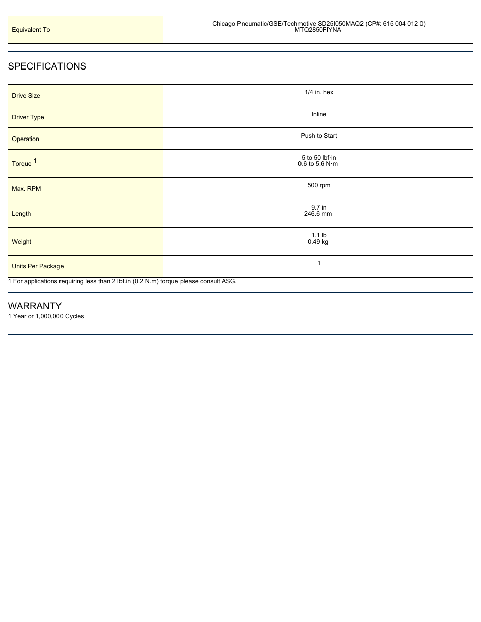 Specifications, Warranty | ASG Jergens ASG-SD2500-50FX User Manual | Page 2 / 2