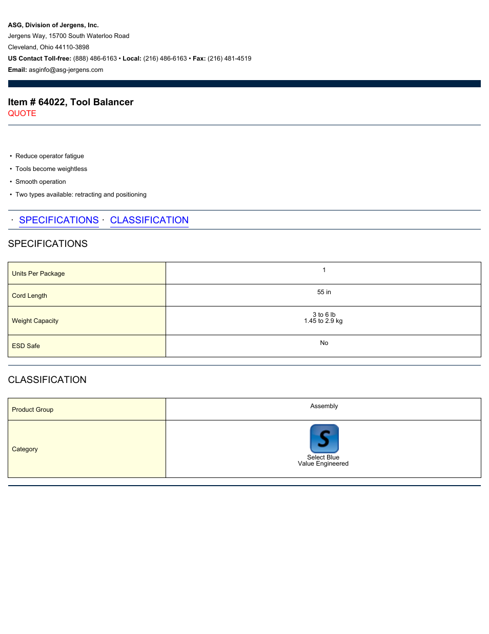 ASG Jergens 64022 Tool Balancer User Manual | 1 page