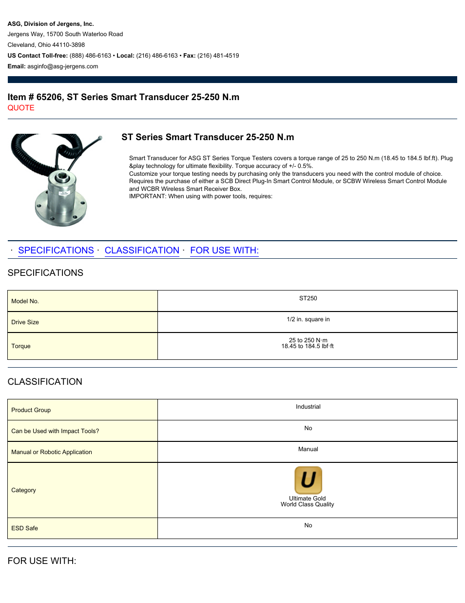 ASG Jergens 65206 ST Series Smart Transducer 25-250 N.m User Manual | 2 pages