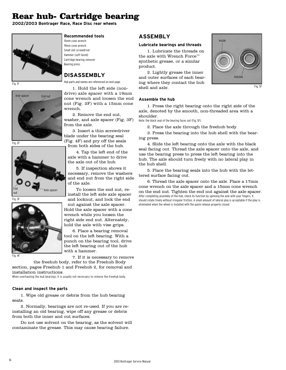 Rear hub- cartridge bearing, Disassembly, Assembly | Bontrager 231793 User Manual | Page 16 / 30