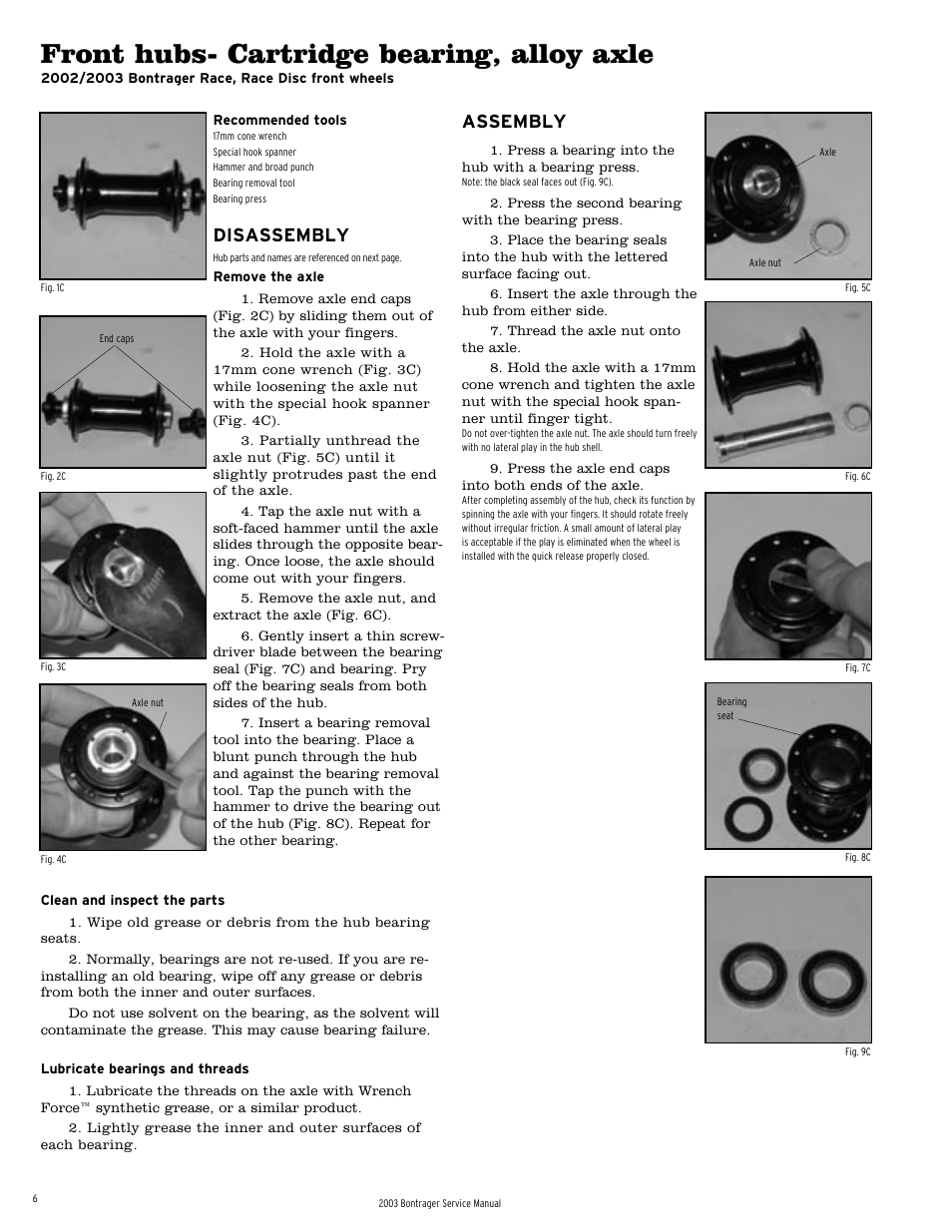 Front hubs- cartridge bearing, alloy axle, Disassembly, Assembly | Bontrager 231793 User Manual | Page 7 / 30