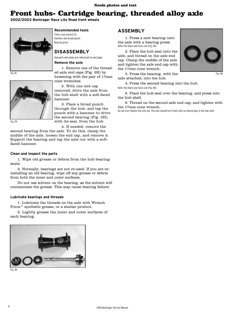 Front hubs- cartridge bearing, threaded alloy axle, Disassembly, Assembly | Bontrager 231793 User Manual | Page 9 / 30