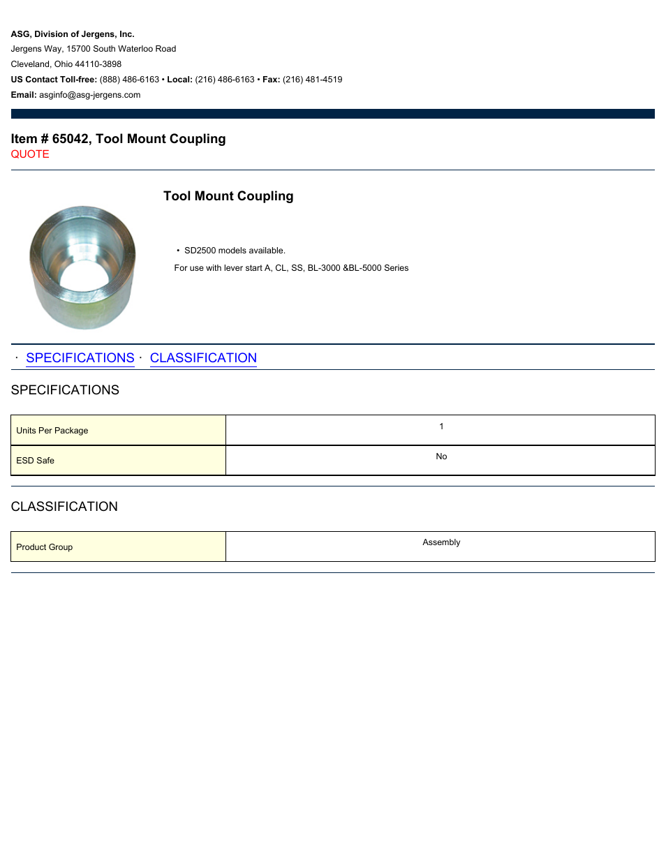 ASG Jergens 65042 Tool Mount Coupling User Manual | 1 page