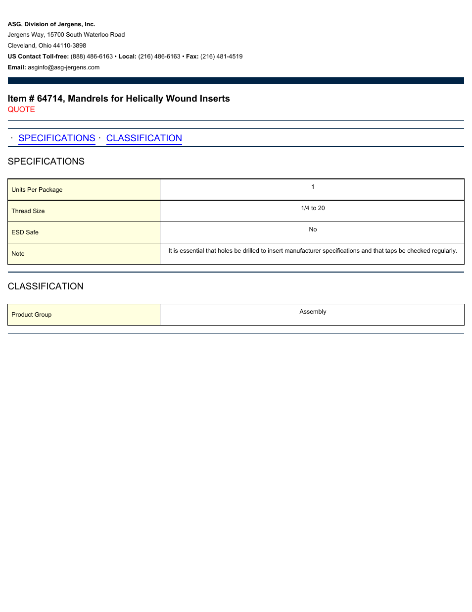 ASG Jergens 64714 Mandrels for Helically Wound Inserts User Manual | 1 page