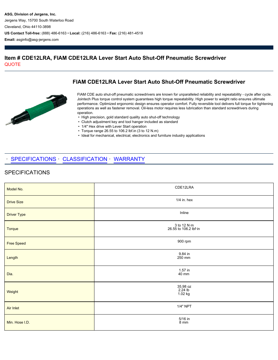 ASG Jergens CDE12LRA User Manual | 2 pages