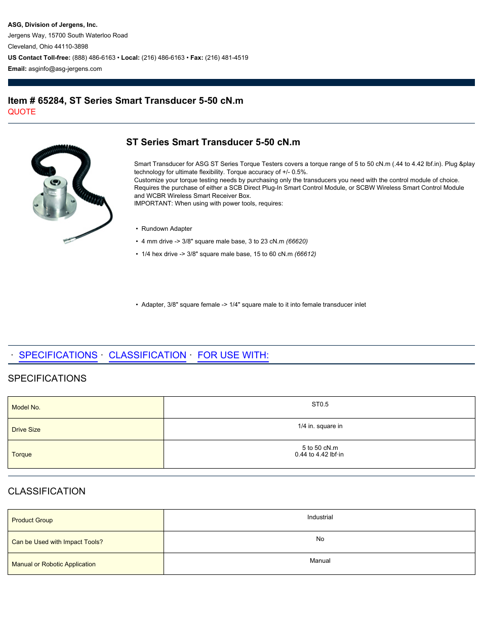 ASG Jergens 65284 ST Series Smart Transducer 5-50 cN.m User Manual | 2 pages