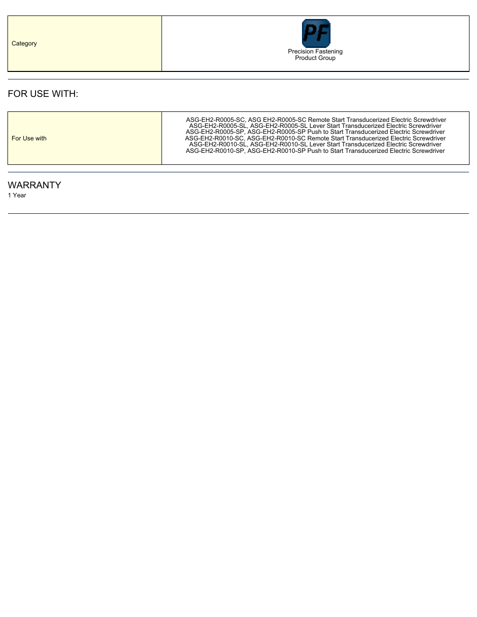 For use with, Warranty | ASG Jergens ASG-EH2-TA0505-R-AT1 Tracer Arm for 5 to 10 N.m Inline Tools User Manual | Page 2 / 2