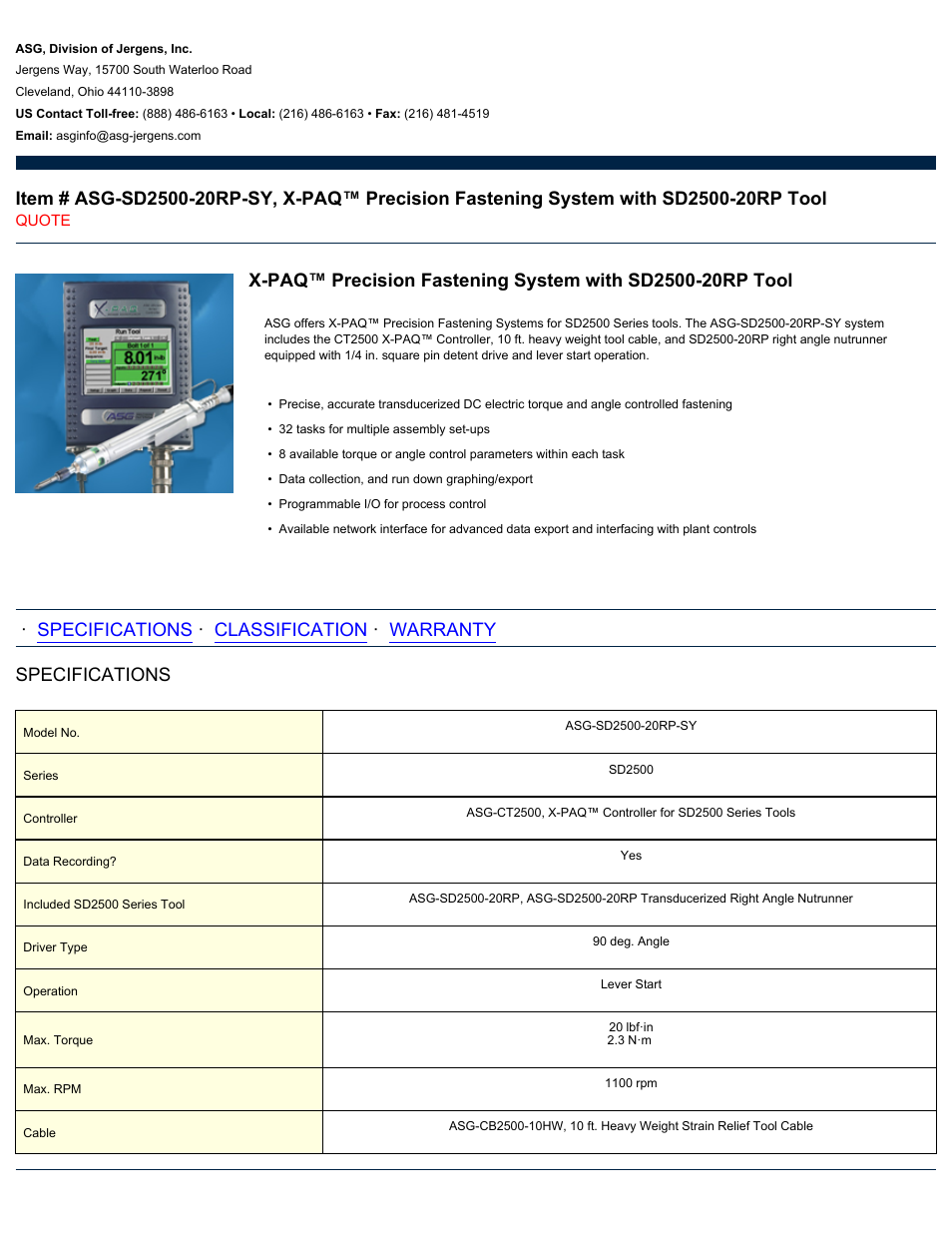 ASG Jergens ASG-SD2500-20RP-SY User Manual | 2 pages