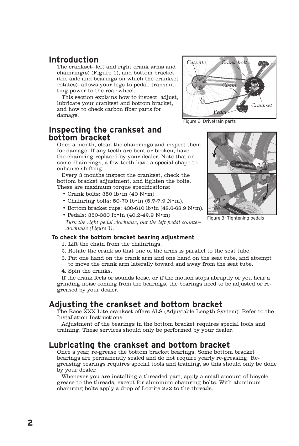 Introduction, Inspecting the crankset and bottom bracket, Adjusting the crankset and bottom bracket | Lubricating the crankset and bottom bracket | Bontrager Race XXX Lite User Manual | Page 2 / 6