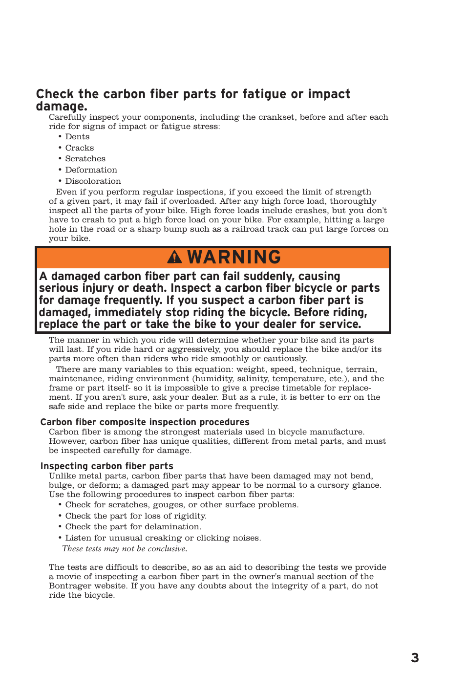 Warning | Bontrager Race XXX Lite User Manual | Page 3 / 6