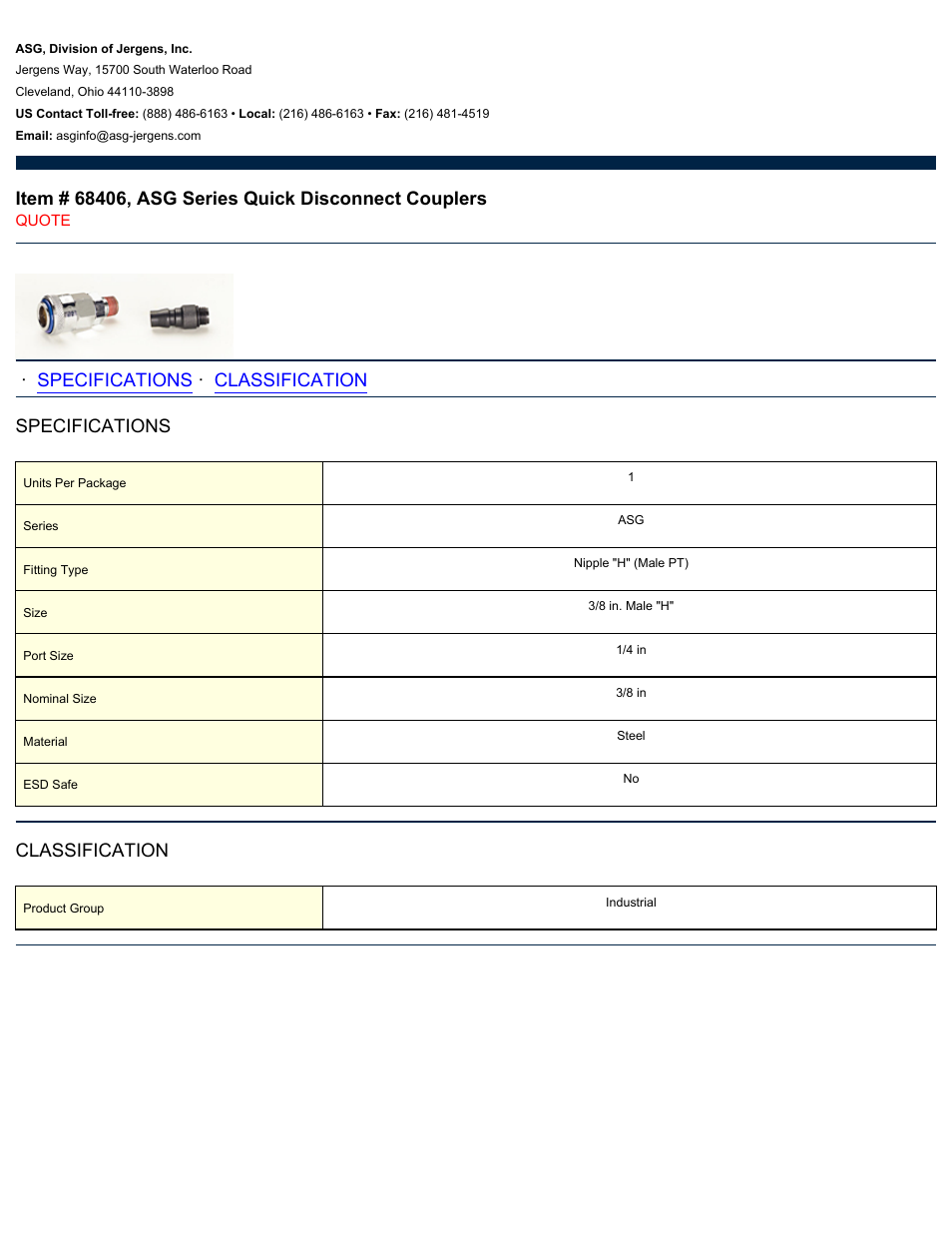 ASG Jergens 68406 ASG Series Quick Disconnect Couplers User Manual | 1 page